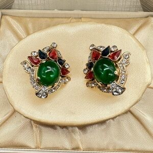 Trifari signed golden green earrings